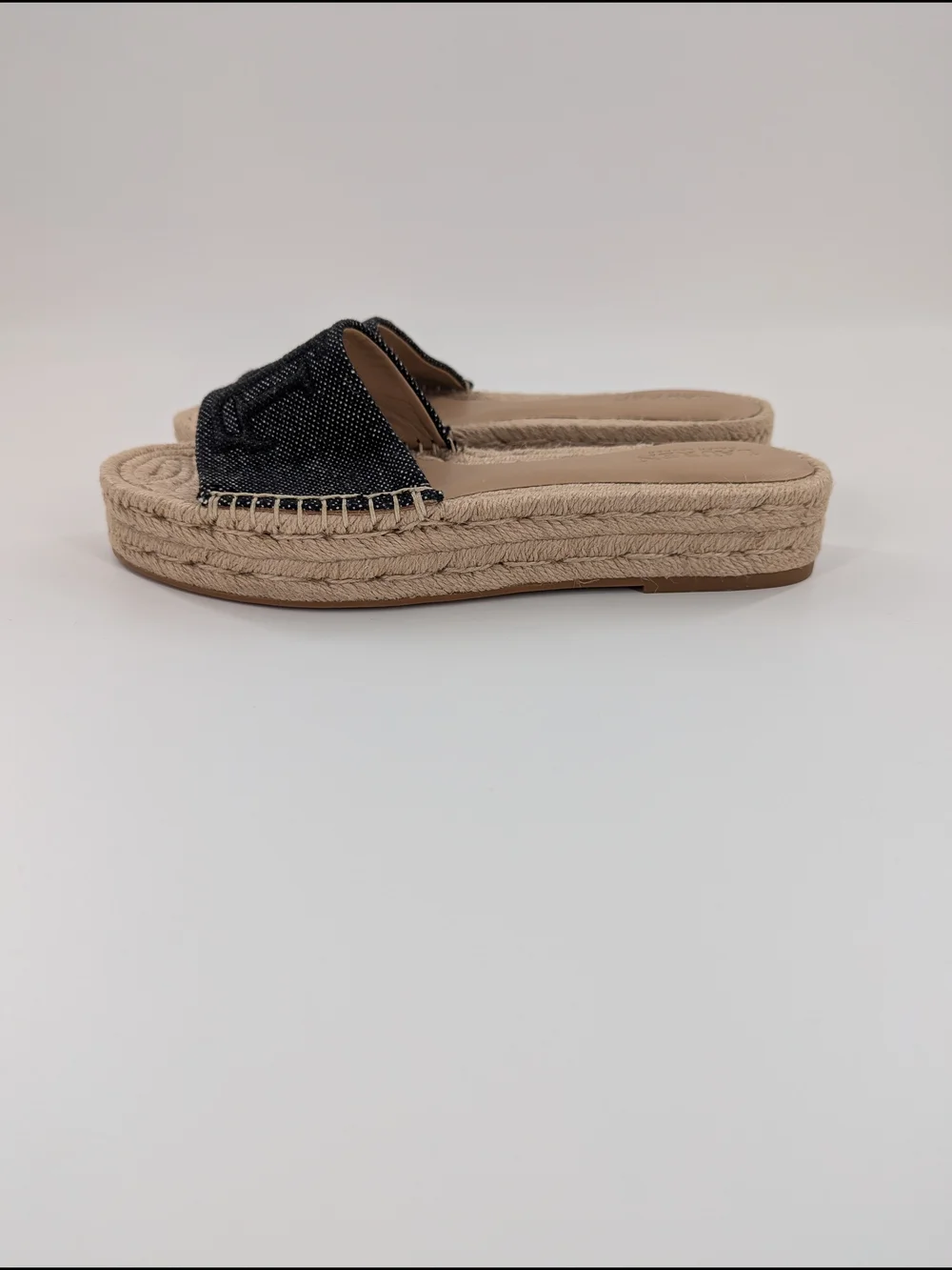 Ralph Lauren Polly Denim Espadrille Slides Blue Monogram Jute Platform Sandals 7
